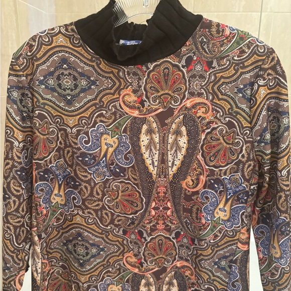 ZARA Paisley Print Dress 3/4 Sleeve Mock Neck Black Wool Trim Size S - Picture 5 of 9